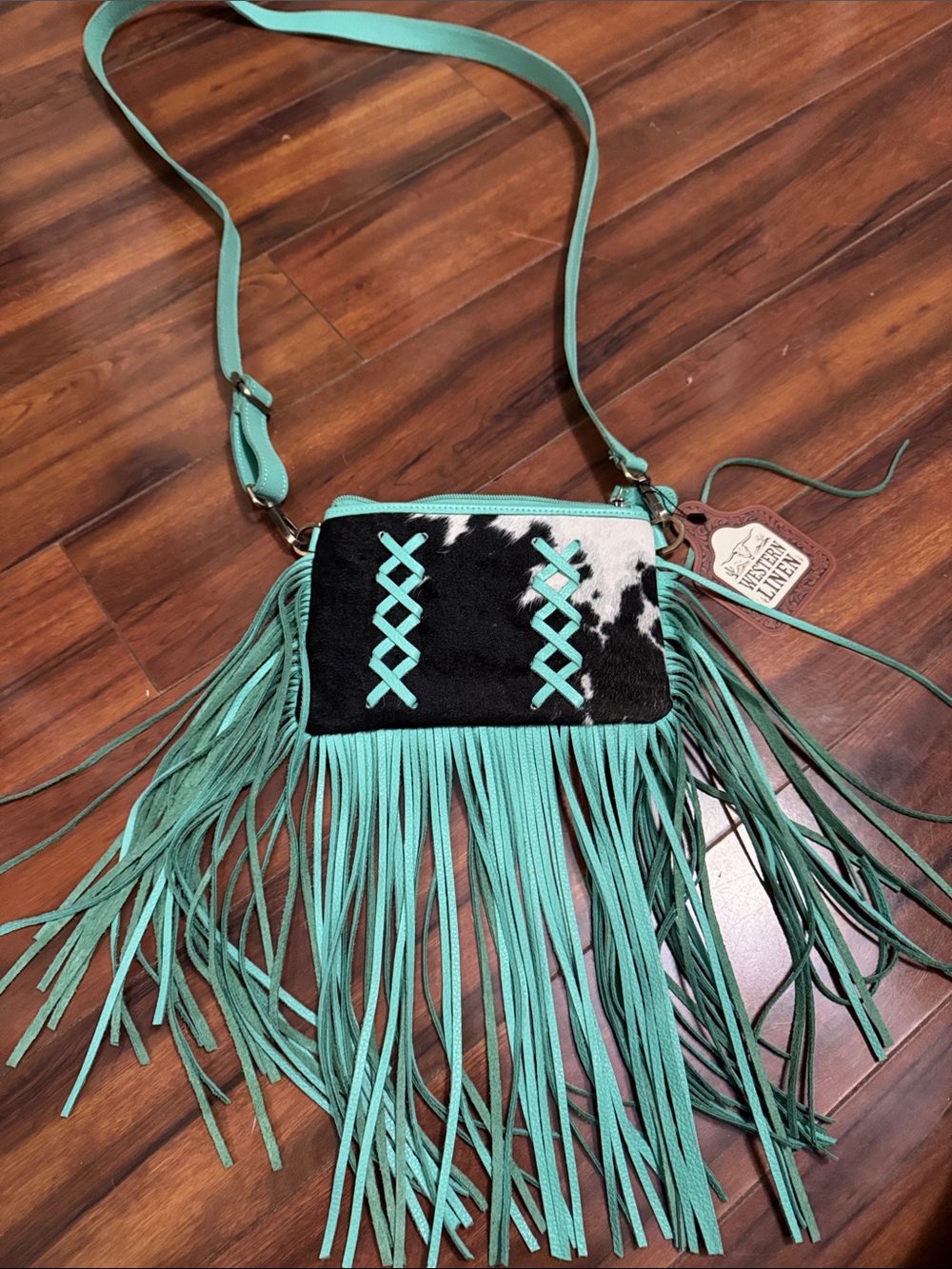 Turquoise Fringe Crossbody with Cowhide Accent by